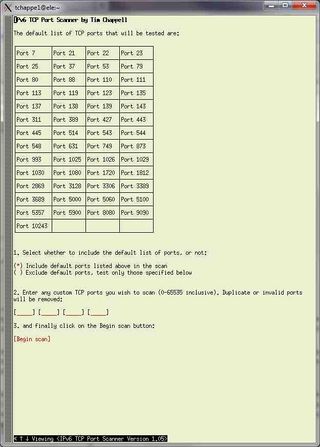 IPv6 Port Scanner (Firewall tester) lightweight kickoff page viewed using w3m. See http://ipv6.chappell-family.com/ipv6tcptest/