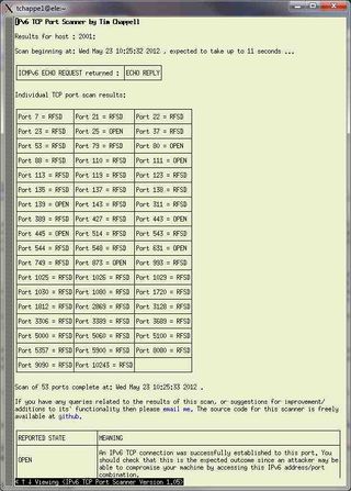 IPv6 Port Scanner (Firewall tester) lightweight results page viewed using w3m. See http://ipv6.chappell-family.com/ipv6tcptest/