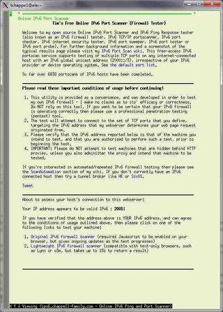 IPv6 Port Scanner (Firewall tester) landing page viewed using w3m. See http://ipv6.chappell-family.com/ipv6tcptest/