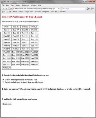 IPv6 Port Scanner (Firewall tester) original kickoff page viewed using Safari. See http://ipv6.chappell-family.com/ipv6tcptest/